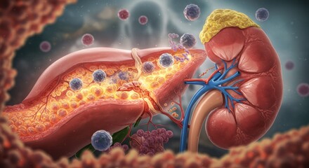 Detailed Medical Illustration of Kidney and Pancreas with Bacteria and Inflammation
