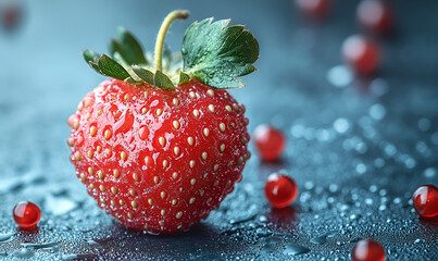 A single fresh red strawberry with green leaves, covered in glistening water droplets on a dark, wet surface.