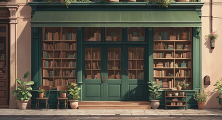 tiny vintage bookstore with a dark green facade