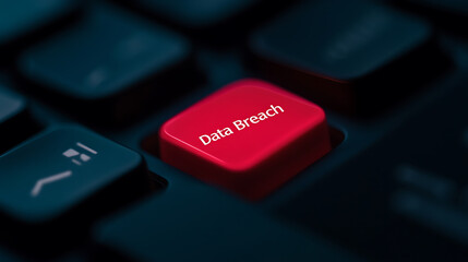 A close-up photo showing a red key on a computer keyboard labeled "Data Breach", symbolizing online security concerns and potential system vulnerabilities.