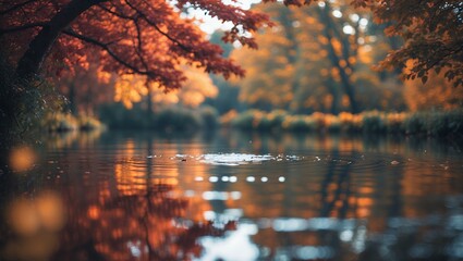 Autumn trees reflecting on calm water creating a serene scene