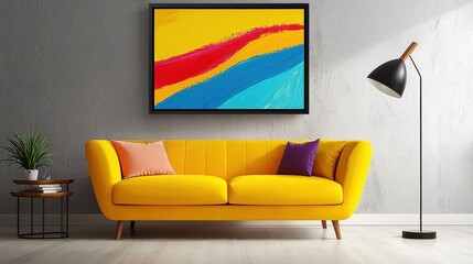 Modern Living Room with Yellow Sofa and Colorful Abstract Art