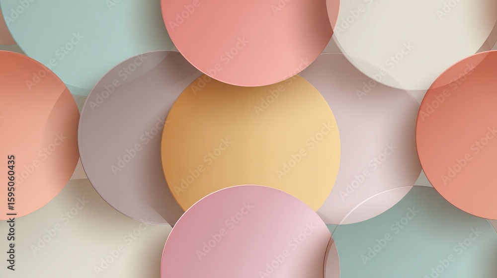 Poster overlapping circles create pastel, layered, abstract background with shadows