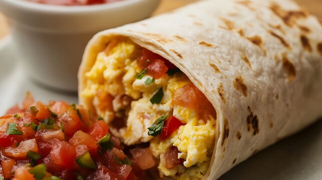 Freshly Wrapped Breakfast Burrito with Scrambled Eggs, Tomatoes, and Herbs - Powered by Adobe