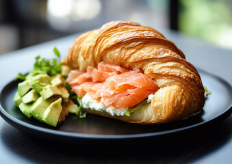 Fresh homemade croissant salmon sandwich with chopped avocado and creamy cheese in black plate on restaurant table.Macro.AI Generative.