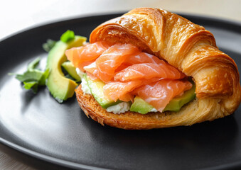 Fresh homemade croissant salmon sandwich with chopped avocado and creamy cheese in black plate on restaurant table.Macro.AI Generative.