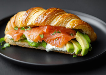 Fresh homemade croissant salmon sandwich with chopped avocado and creamy cheese in black plate on restaurant table.Macro.AI Generative.