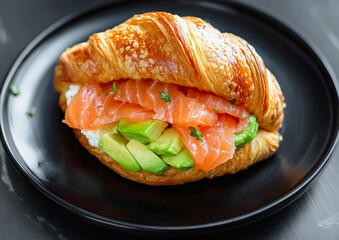 Croissant salmon sandwich with creamy cheese and and fresh avocado on black plate.Macro.AI Generative.