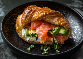 Fresh homemade croissant salmon sandwich with chopped avocado and creamy cheese in black plate on restaurant table.Macro.AI Generative.