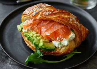 Croissant salmon sandwich with creamy cheese and and fresh avocado on black plate.Macro.AI Generative.
