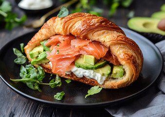Fresh homemade croissant salmon sandwich with chopped avocado and creamy cheese in black plate on restaurant table.Macro.AI Generative.