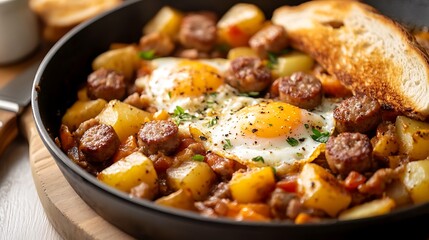 Savory Breakfast Skillet with Sausage, Potatoes, and Fried Eggs