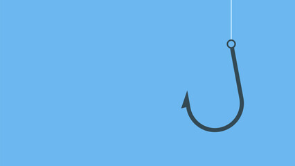 Black fishing hook on a solid blue background.