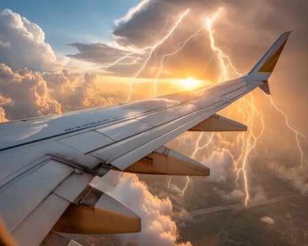 Lightning strikes and sunset over clouds seen from airplane wing travel nature aerial view dramatic weather