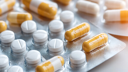 Medication Assortment: White tablets and yellow capsules arranged in a blister pack, symbolizing health and pharmaceutical care.