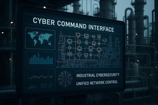 industrial cybersecurity. A digital cyber command interface displays industrial cybersecurity data and network control visuals in a dark industrial setting.