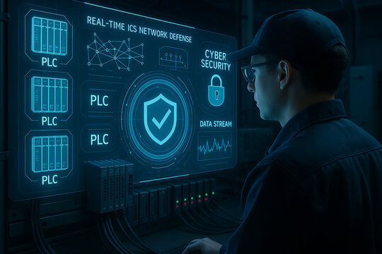 industrial cybersecurity. A man monitors real-time ICS network defense and cybersecurity systems on a futuristic digital interface in a dark environment.