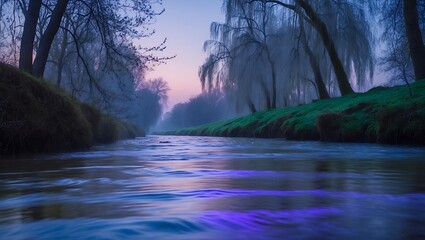 Flowing river at dawn with trees and fog landscape scene