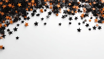 Black and orange stars confetti on white background