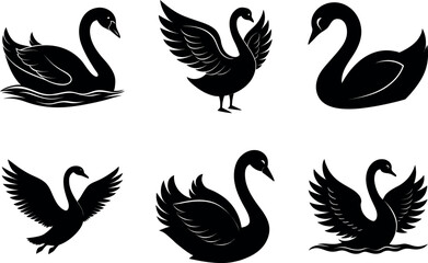 Fototapeta premium Collection of elegant swan bird black silhouette vector illustration