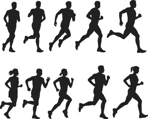 Silhouette of running people in motion, male and female runners, jogging posture collection, fitness lifestyle, active sport concept vector