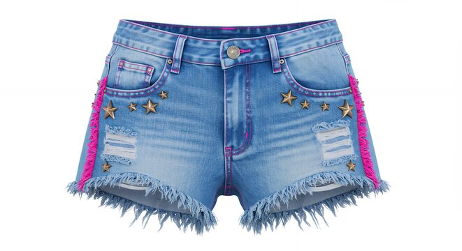 Girls light blue denim shorts with pink fringe