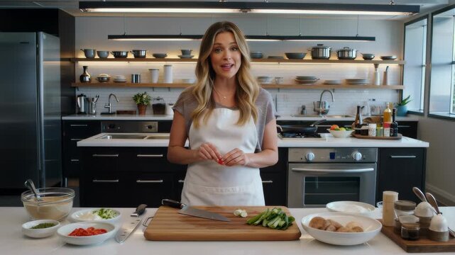 A woman stands in a modern kitchen, demonstrating cooking techniques with ingredients.
