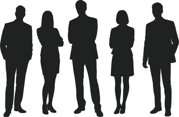 Silhouette of diverse business team standing together, professional people in formal attire, leadership, teamwork, corporate unity, vector illustration