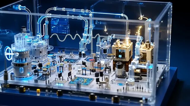 Futuristic Liquid Cooled Server Hardware Model Showcase in a Transparent Display Case