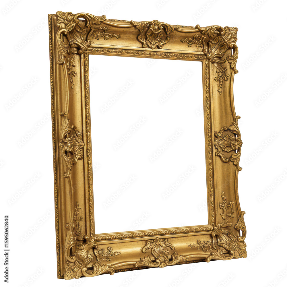 Poster empty, ornate golden vintage-style picture frame with intricate rococo carvings, gleaming polished g