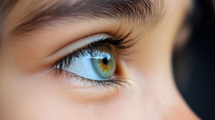 Fototapeta premium Close-up macro shot of beautiful blue-green hazel eye with golden flecks showing detailed iris patterns long dark eyelashes and smooth caucasian skin texture