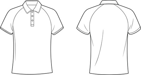Polo shirt fashion flat sketch front and back view, short sleeve raglan style design template for clothing apparel mockup