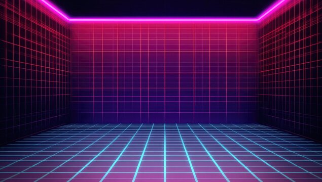 Empty room with neon grid pattern