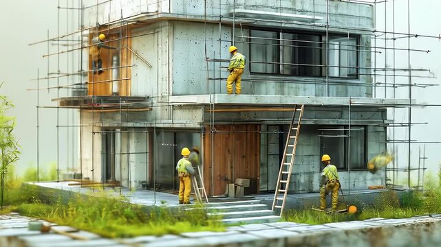 House under construction with workers