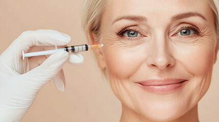 Mature woman receiving injection near eye, doctor's gloved hand holding syringe. Cosmetic procedure to reduce wrinkles, enhance beauty and achieve youthful look.