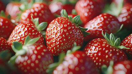 A detailed close-up of a pile of fresh, ripe, red strawberries with vibrant green leafy tops.