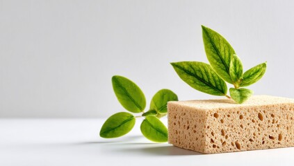 Beige rectangular sponge and green leaf on white background with text space, eco-friendly natural cleaning concept for sustainable product packaging mockups
