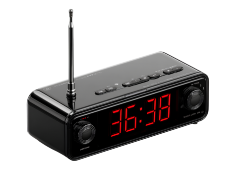 Sleek Black Digital Clock Radio with LED Display and Extended Antenna, Front View, Isolated on Transparent Background PNG