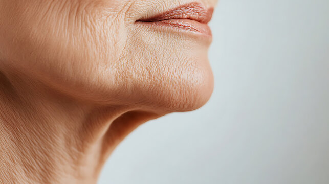 Close-up showcasing skin texture, wrinkles, and folds on the neck and around the mouth. Emphasis on natural aging and skin conditions.