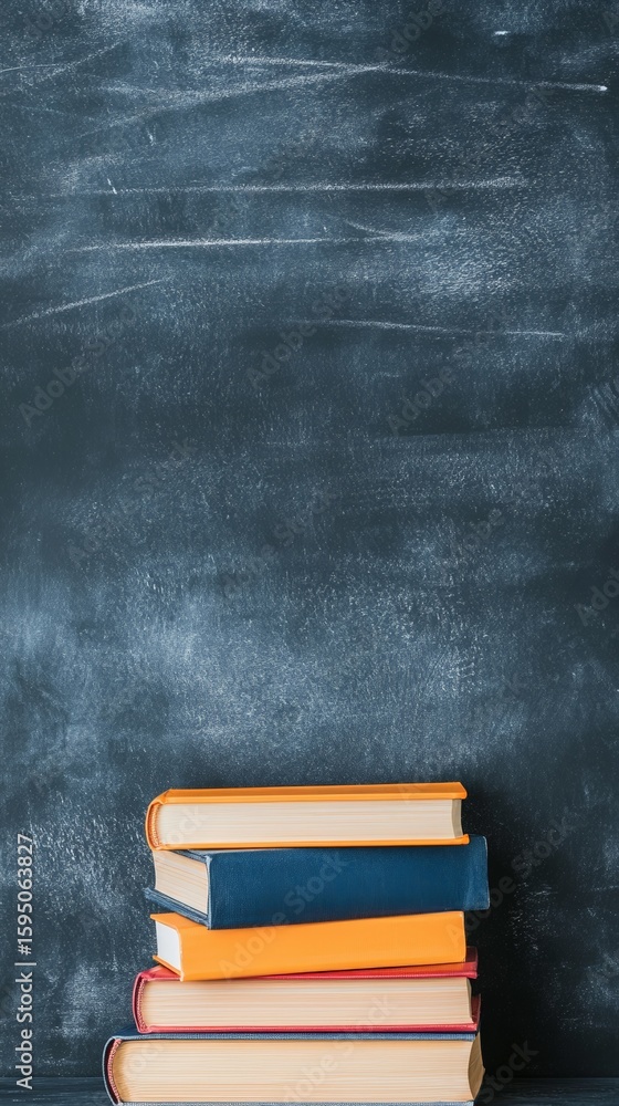 Poster four colorful books are stacked on a desk in front of an empty chalkboard, creating a back to school