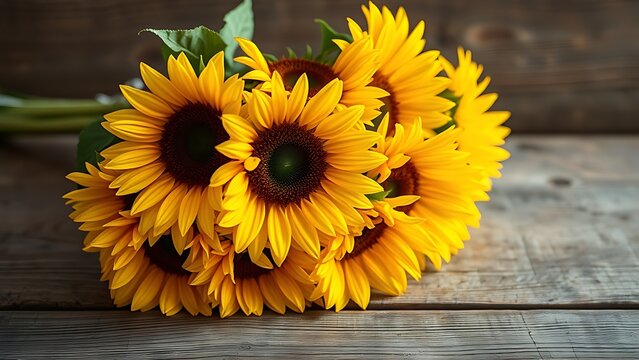 unflower bouquet on a rustic wooden surface, glowing with warm golden tones.
