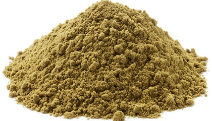 A mound of tan-colored powder is piled against a white background, showing a granular texture and earthy tones.