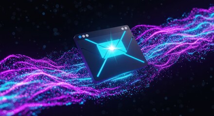 Digital Blockchain Icon with Neon Light Effects on Dark Background