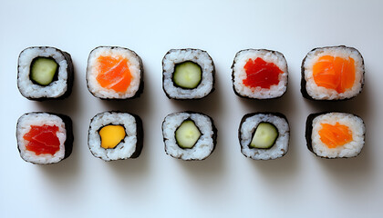 Ten pieces of maki sushi rolls are arranged in two rows, featuring various fillings like salmon, tuna, cucumber, and mango, against a plain white background.