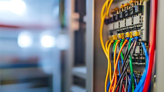 Electrical Panel Wiring: A close-up of neatly arranged colored wires connected to a distribution box inside an industrial or commercial building.