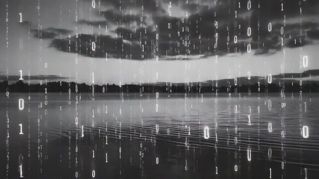 Binary Code Rain Falling Over Serene Lake 