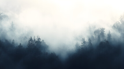 Fototapeta premium Misty forest landscape with evergreen trees shrouded in dense fog, creating a serene and ethereal atmosphere.