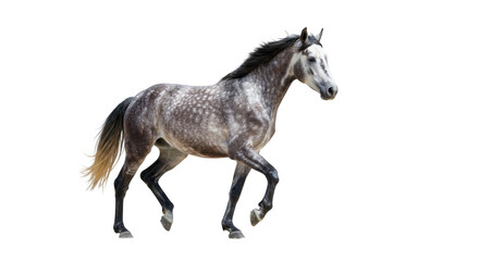 Obraz premium Majestic dapple grey horse with dark flowing mane and tail, powerful muscular body in dynamic mid-stride, isolated on a clean white background with copy space, showcasing freedom and elegance.