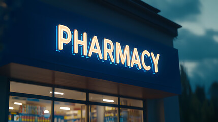 Illuminated pharmacy signage at night. The glowing sign casts a warm light. A place for health and care, open for the community.