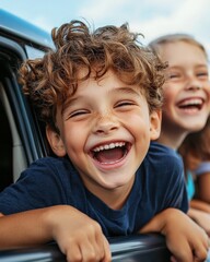 Family enjoying a road trip, with kids leaning out of the car windows and laughing
